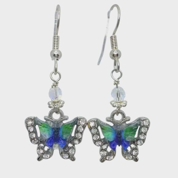 Whimsical Colorful Butterfly Earrings Dangle Charm Blue Green Sparkle Wings NEW - Picture 1 of 9